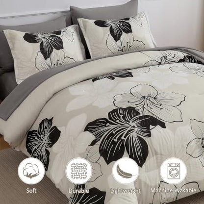 Black White King Size Comforter Set, 7 Pieces Light Grey Floral Bedding Set
