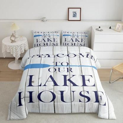 Lake House Comforter Set Full Size, Cabin Rustic Farmhouse Style Bedding Set 3pcs, Grey Wooden Plank Lake Themed Down Comforter for All Season, Kids Boys Girls Room Decor, 2 Pillowcases, No Sheets