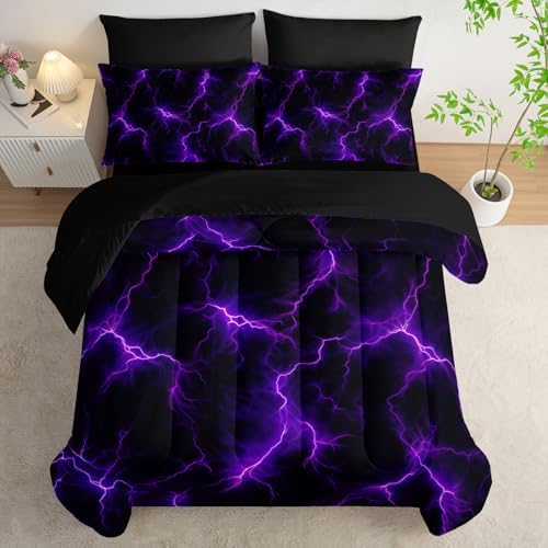 Nttopship Violet Lightning Comforter Set Full Thunder Bedding Sets 7PCS,Purple LightLight 7 Piece in A BagLight Violet Lightning Bedding Set 7 Piece in A Bag,Bed Sheet Set Abstract Decor All Seasons