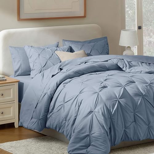 Nestl 9 Piece California King Comforter Set – Stone Blue Pinch Pleated Bed in a Bag – Complete Cal King Size Bedding Set with Sheets, Set of 2 Cooling Pillows, Pillowcases and Shams