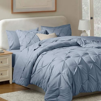 Nestl 9 Piece Queen Comforter Set – Stone Blue Pinch Pleated Bed in a Bag – Complete Queen Size Bedding Set with Sheets, Set of 2 Cooling Pillows, Pillowcases and Shams