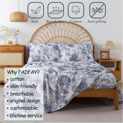 FADFAY Cal King Sheets Set Percale Cotton Floral Bed Sheets Deep Pocket Fitted Sheet, Luxury Blue Floral Pattern Classic European Style Bedding for All Season,Super Soft Crisp & Breathe,4Pcs