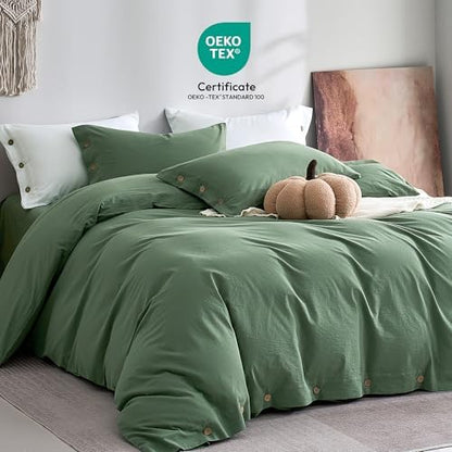JELLYMONI 100% Washed Cotton Dusty Green Duvet Cover Full, Linen-Like