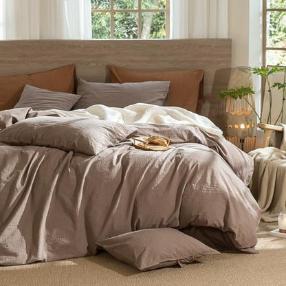 MooMee Wavy Striped Duvet Cover Set 100% Washed Cotton Linen Like Textured Breathable Durable Soft Comfy (Brown, Super King 108"x98")