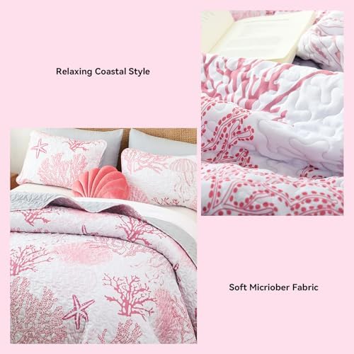 weigelia Coastal Quilt Twin Size, Pink Coral Lightweight Summer Bedding