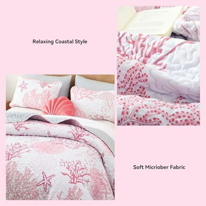 weigelia Coastal Quilt Twin Size, Pink Coral Lightweight Summer Bedding