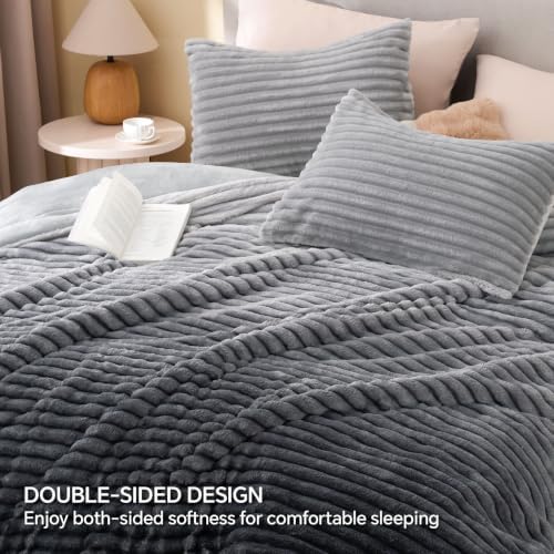 BEDELITE Fleece Queen Comforter Set, Fluffy Bed Set, Grey Ombre