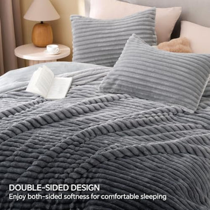 BEDELITE Fleece Queen Comforter Set, Fluffy Bed Set, Grey Ombre