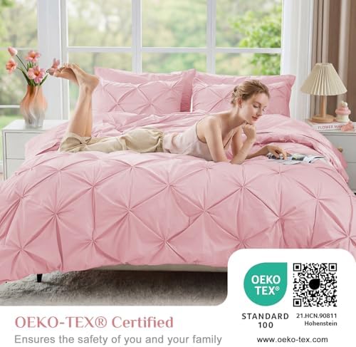JOLLYVOGUE California King Comforter Set 7 Pieces - Bed in a Bag Cal King for All Season, Pintuck Bedding Comforter Sets with Comforter, Flat Sheet, Fitted Sheet and Pillowcases & Shams, Baby Pink