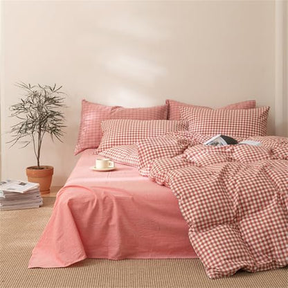 mixinni Orange Gingham Comforter Set Full, Plaid Comforter Set 3 Pieces 1 Orange Grid Comfoter with 2 Pillow Cases for All Seasons, Soft Fluffy Modern Grid Pattern Printed Bedding-Full Size