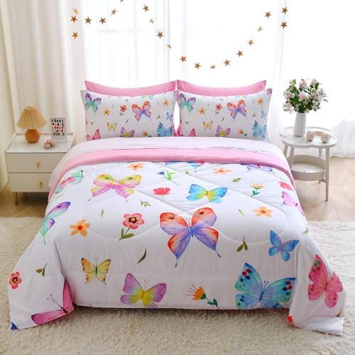Wajade 7 Piece Butterfly Comforter Set for Girls Kids Cute Colorful Butterfly Flowers Floral Bedding Set Twin Size with Sheet and 2 Pillowcases 2 Pillow Shams Bed in a Bag as Birthday Choice