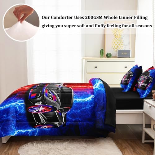 5 Pcs Twin Car Bedding Sets for Boys Teen, Red Blue Lightnings Car Twin Comforter Set for Boys, Twin Boy Bedding Set
