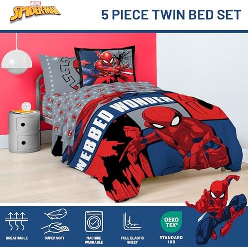 Marvel Spiderman Twin Comforter Set 5 Piece Kids Bedding for Boys, Multi