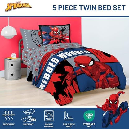 Marvel Spiderman Twin Comforter Set 5 Piece Kids Bedding for Boys, Multi