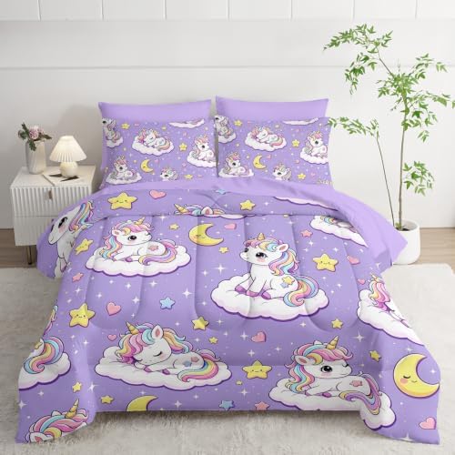 HOSIMA Cute Unicorn Bed in a Bag Twin 7 Piece Bedding Set for Kids Girls.