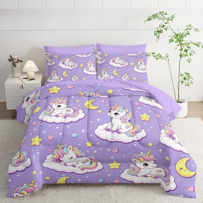 HOSIMA Cute Unicorn Bed in a Bag Twin 7 Piece Bedding Set for Kids Girls.