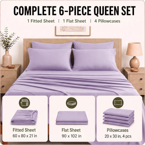 CozyLux Queen Sheet Set 6-Piece, 21-Inch Deep Pocket, Soft Brushed Feel