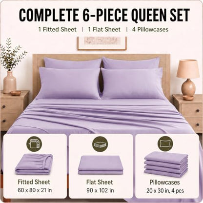 CozyLux Queen Sheet Set 6-Piece, 21-Inch Deep Pocket, Soft Brushed Feel