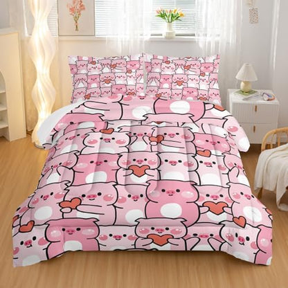 Pink Pig Comforter Set King，Kawaii Pink Cute Animals Bedding Set for Kids Boys Girls Teens Room Decor Kawaii Animals Comforter Set Farmhouse Wildlife Theme Bedroom Living Room Decor，All Season