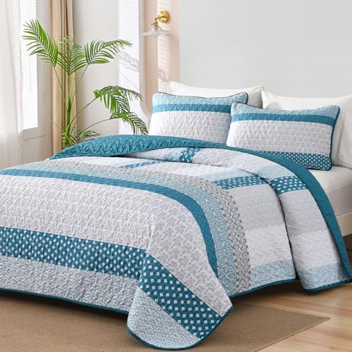 WONGS BEDDING Teal Blue Queen Size Quilt Set, Boho Striped Bedspread