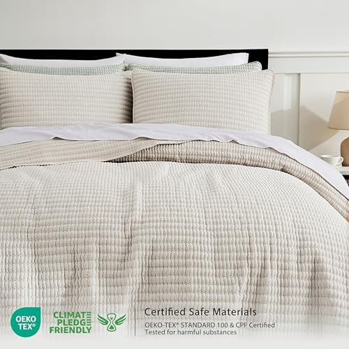 WDCOZY Beige King Size Pick Stitch Quilt Set, 3 Pieces 104x90 inches