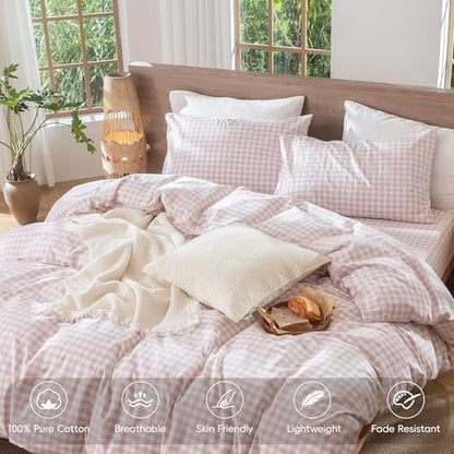 MooMee Gingham Duvet Cover Set 100% Washed Cotton Linen Like