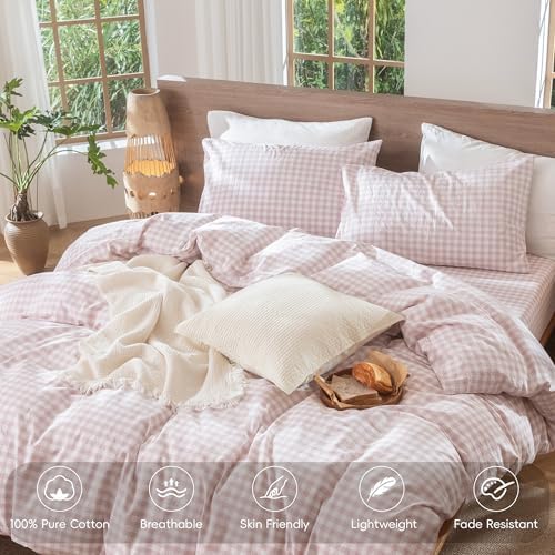 MooMee Gingham Duvet Cover Set 100% Washed Cotton Linen Like