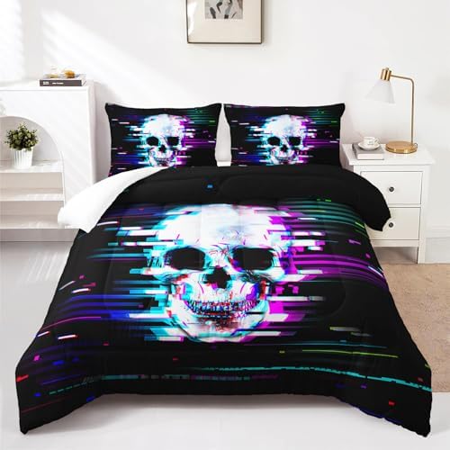 Nttopship Black Skull Comforter Set Twin Size,100% Soft Ultra-fine Fiber Four Season Science Fiction Comforter Set with 1 Comforter and 2 Pillow Case