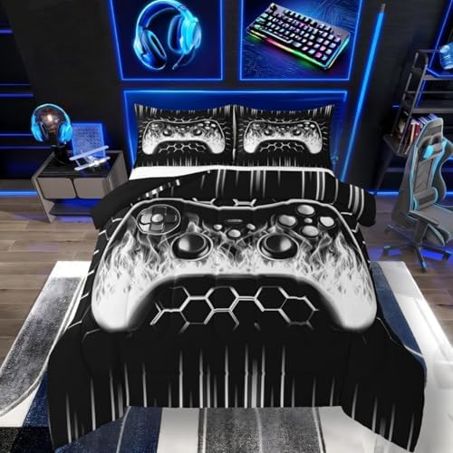 Erosebridal Honeycomb Gamer Boys Bedding Comforter Sets Grey Neon Lights Game Console Queen Comforter Set Ombre Art Geometric Hexagon Beehive Bed Set Gaming Decor for Boys Bedroom Decor