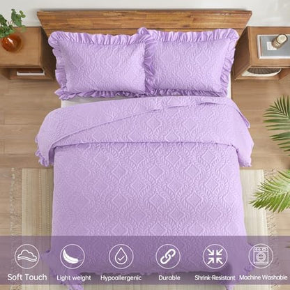DJY Queen Quilt Set, Ruffled Bedding, Lavender Purple Bedspreads