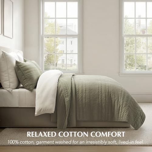 EVERGRACEHOME 100% Cotton Modern Lines Quilt Set King Size, Light Sage