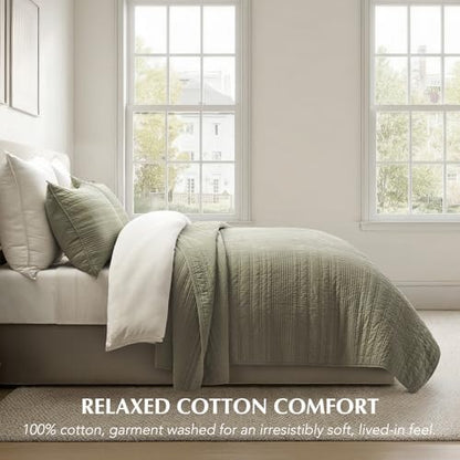 EVERGRACEHOME 100% Cotton Modern Lines Quilt Set King Size, Light Sage