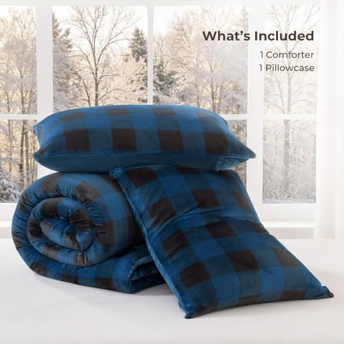 Litanika Velvet Flannel Plaid Comforter Set Twin, 3 Pcs Blue Blanket