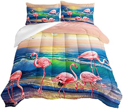 HOSIMA Flamingos Comforter,Pink Wild Flamingo Bedding Tropical Beach Room Decor,Seaside Home Decor Twin Comforter Set with 2 Pillow Cases,Hawaiian Vacation Style Bedding for Girls Women Kids.