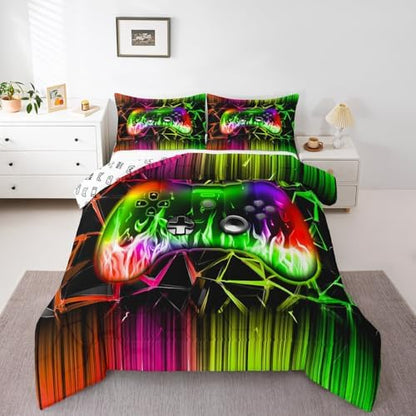 Castle Fairy Video Games 3 Pcs Queen Size Comforter Set,Gamepad Down Alternative Adults Room Decor,Modern 3D Geometric Honeycomb Ultra Soft Microfiber Inner Fill 3Pcs Bedding