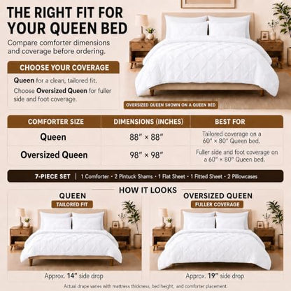 HIMEET Oversized Queen Comforter Set White - 7 Pieces Pintuck Bed in a Bag