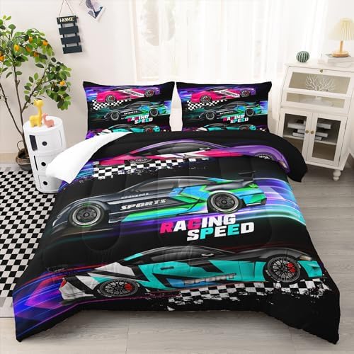 AILONEN Racing Car Comforter Set for Kids Boys Teens Twin Size, Extreme Speed Race Bedding Sets,Cool Sports Bed in a Bag,3D Car Theme Duvet Set,1 Quilt and 2 Pillowcases,3 Pieces