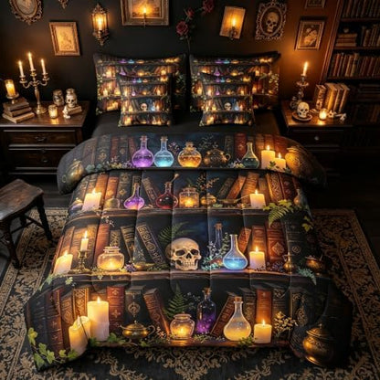 Erosebridal Gothic Bookshelf Skull 7 Pcs Bedding Set King Witchcraft Library Comforter Set with Sheets Mysterious Magic Bookcase Vintage Bed in a Bag Spooky Halloween Wizard Antique Bed Sets Comforter