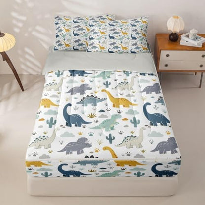 Feelyou Dinosaur Zipper Bedding for Kids Twin Size 3D Dino Print Bed in a Bag with Sheets, Comforter, Pillowcases Jungle Dino Comforter Set for Boys Girls Bedding Sets Durable Easy to Make and Clean