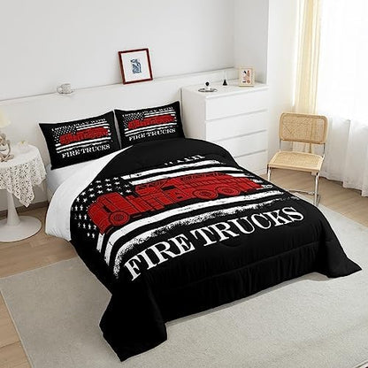 Fire Fighting Truck Comforter for Boys Kids,American Flag Comforter Set Queen Size Home Decor,Soft Firefighter Bedding Set,Red Black White Teens Bedroom Down Duvet,1 Comforter with 2 Pillowcases