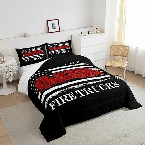 Fire Fighting Truck Children Comforter Set,American Flag Bedding Set for Kids Boys,Adults Soft Firefighter Comforter,Teens Red Black White Quilted Duvet Set Bedroom Collection King Size 3Pcs