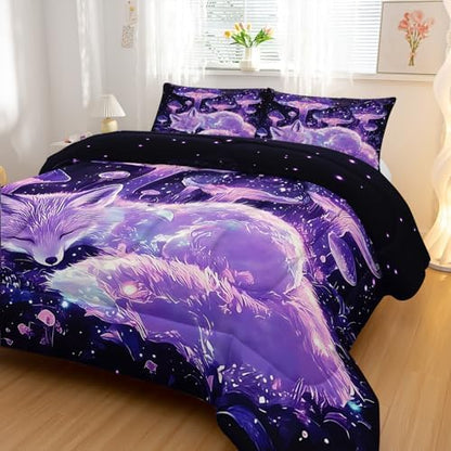 Nttopship Fox Comforter Bedding Set Queen Size,Cute Cartoon Forest Fox Printed Quilt Set for Kids Boys Girls, Cartoon Fantasy Mushrooms Comforter Set Wildlife Bedroom Decor