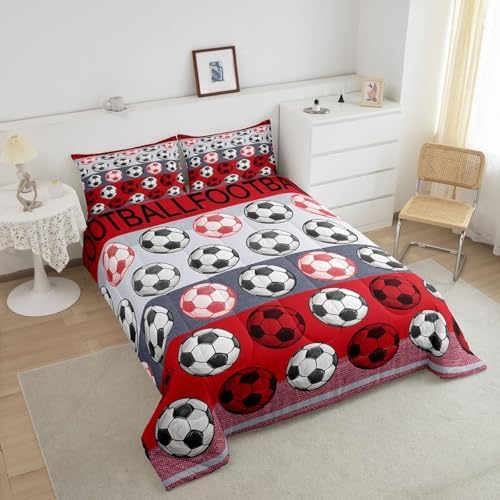 Homewish Soccer Pattern King Size Comforter Set,Kids Red Gray Stripe Decor All Season Bedding Set,Teens Soccer Sports Comforter,Sport Gaming Decor Quilt Set Bedroom Collection 3Pcs
