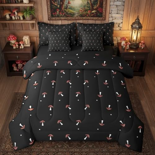 Erosebridal Cute Mushroom Queen Comforter Set 7 Pieces, Kid Cartoon Kawaii Bed in A Bag, Lovely Natural Wild Plants Fungus Bedding Set with Comforters, Sheets, Pillowcases Black Red Bedroom Decor