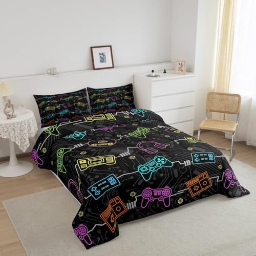 Feelyou Kids Gamer Bedding Set Toddler Size, Graffiti Gaming Comforter Set Boys Girls Modern Game Console Comforter Gamepad Teens Duvet Set Bedroom Decor Microfiber Bed Set