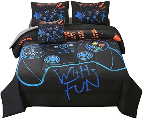 JQinHome Full Gaming Comforter Sets for Boys,6 Piece Bed in A Bag 3D Video Game Bedding -All Season Soft Microfiber Gamer Bedding Sets for Kids,Pillowcase, Flat Sheet, Fitted Sheet,Cushion Cover