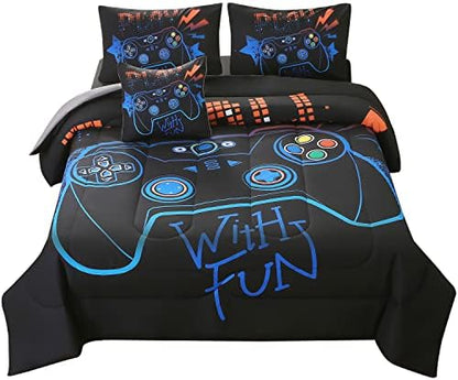 JQinHome Queen Gaming Comforter Sets for Boys,6 Piece Bed in A Bag 3D Video Game Bedding All Season Soft Microfiber Gamer Bedding Sets for Kids, Pillowcase, Flat Sheet, Fitted Sheet,Cushion Cover