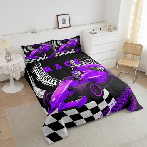 Erosebridal Go Kart Twin Comforter Set for Boys, Race Car Bed Drift Kart Toddler Bedding Sets for Boys,Black White Buffalo Checkered Comforter Set Square Grid Plaid Lattice Karting Quilt,Purple
