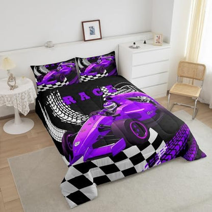 Go Kart Toddler Race Car Bed for Boys,Black and White Buffalo Plaid Drift Kart Comforter Set Toddler Bedding Sets for Boys,Square Grid Lattice Quilt,Purple Karting Extreme Sport Duvet Insert King