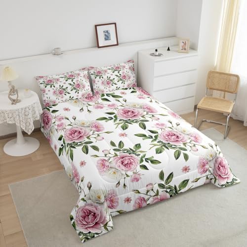 jejeloiu Pink Rose Comforter Set Toddler Size Kids Vintage Floral Flower Bedding Set Boys Girls Botanical Green Leaves Duvet Breathable Blossom Plant Quilt Bedroom Decor,1 Comforter with 1 Pillowcase